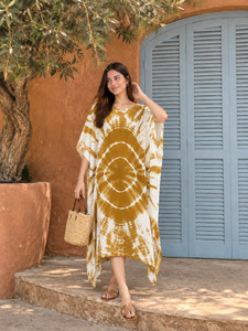 Boho Tie Dye V Neck Midi <b>Dress</b> Loose Asymmetric Cap <b>Sleeve</b> <b>Summer</b> Casual Woven <b>Dress</b> - Product Image 4