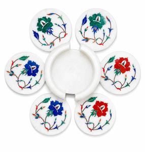 Juego de Posavasos Redondos con Incrustaciones de Mármol Blanco, Posavasos con Diseño Floral y Perlas, con Bandeja, para Regalo de Boda o para el Hogar - Product Image 1