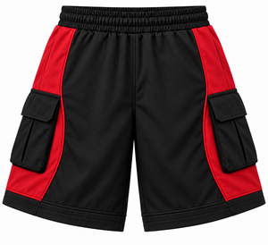 <b>Mens</b> <b>Black</b> Red Cargo <b>Shorts</b> with Elastic Waist Side Pockets Breathable Polyester/Cotton for Training Casual Wear & Outdoor Use - Product Image 2