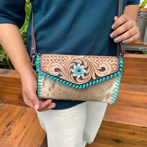 กระเป๋าเงินแบบสะพายข้างทำด้วยมือทำด้วยมือสำหรับผู้หญิงกระเป๋าใส่บัตรลายดอกไม้หนังวัวสไตล์ตะวันตกสีเทอร์ควอยซ์สำหรับเดินทาง - Product Image 2