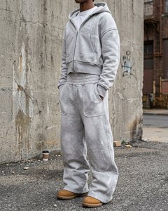 Ensemble jogging et sweat à capuche tendance pour homme, 100 % coton, délavé à l'acide, coupe oversize, effet vieilli, fermeture éclair, style streetwear - Product Image 2