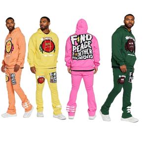 2025 printemps nouveautés Chenille lettre Patch recadrée à capuche empilé pantalons de survêtement surdimensionnés survêtements 2 pièces survêtements évasés - Product Image 1