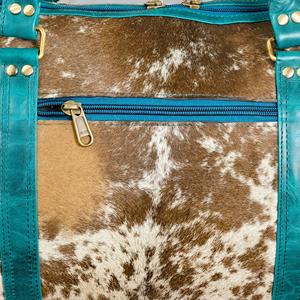 Bolsa de lona de cuero vacuno con asas turquesa y cierre de cremallera, bolsa de viaje de gran capacidad para fin de semana - Product Image 6