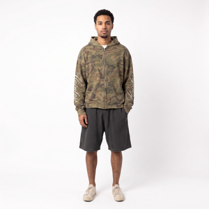 Custom Baggy Fit <b>Camo</b> Waffle Knit Full Zip Hoodie and <b>Shorts</b> Set <b>Men's</b> Faded Print Stone Washed Streetwear USA - Product Image 1