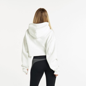 Custom Embroidered Oversized <b>White</b> Hooded Crop Sweatshirt Full Sleeve Drop Shoulder Solid Cotton Knitted Women's Autumn Hoodie - Product Image 2