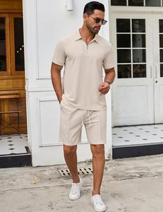 Ensemble 2 pièces en polaire polyester pour homme, motif floral, polo zippé, short, tenue décontractée d'été, survêtement de jogging, vêtements de sport, gym, fitness - Product Image 2