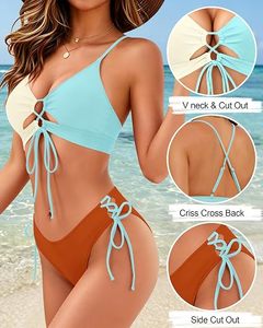 Women Color Blocking Bikini Set <b>Crossed</b> Halter <b>Top</b> Tie Side Bottom Swimwear Two Piece Beach Bathing Suit - Product Image 4