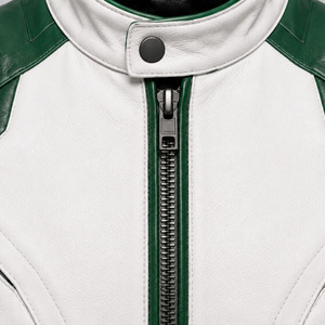 Blouson de moto en cuir PU pour homme, blanc et vert, style color block, col montant, fermeture éclair, coupe slim, coupe-vent, style motard - Product Image 5