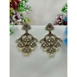 Fashion Chandelier Earrings-Harshita Victorian Premium Indian Ethnic Silver Plated Brass with Zircon Stones for Wedding Occasion - Product Image 5