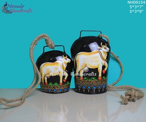 Handcrafted Decorative Cow Bell Set of 2 <b>Iron</b> Hanging Bells with Hand Painted Cow Design Rustic Home & Garden Decor - Product Image 2