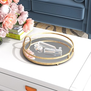 Round <b>Mirrored</b> Storage <b>Tray</b> With Gold Plated Frame Modern Luxury Decor For Tabletop Use - Product Image 3