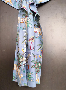 Exquisite Hand-Printed Blue Cotton Casual Midi Kaftan <b>Dress</b> <b>Whimsical</b> Jungle Safari Animal Motifs Including Zebras Leopards - Product Image 2