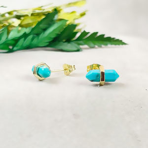 Boucles d'oreilles à double pointe en pierre précieuse turquoise 11x5mm en argent sterling 925 |   Boucles d'oreilles plaquées or pour femmes, vente en gros - Product Image 5