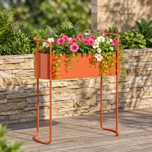 Jardinière moderne en terre cuite orange avec support en fer haut, pot de fleurs rectangulaire pour maison, jardin, balcon, terrasse contemporains - Product Image 4