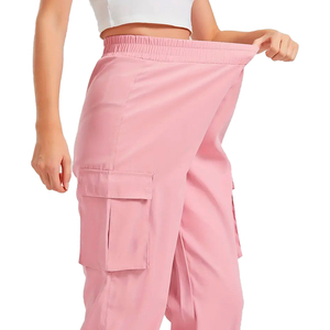 Women Pink Cargo Pants Mid Waist Elastic Loose Fit <b>Ankle</b>-Length Solid Color Cotton Casual Spring Style With Pockets - Product Image 5