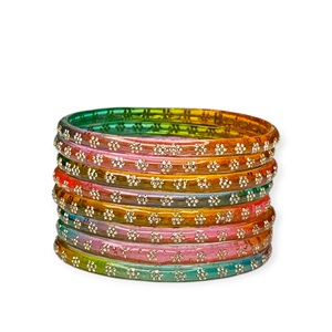 Trending Multi Color Gold Plated Pearl Kashmiri Raindrop <b>Glass</b> <b>Bangles</b> with Gold Sparkle Lightweight Wedding Set for Women - Product Image 1