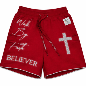 Nouvelle Arrivée Shorts en Coton Rouge pour Hommes, Service OEM, Vente en Gros, Personnalisés avec Motif Jésus, Effet Vieilli, Strass et Délavage Acide, Marque Privée - Product Image 1