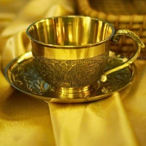 .Brass <b>Cup</b> and <b>Saucer</b> with Polished Mirror Finish and Graceful Curves for Elegant Home and Hospitality Use - Product Image 5