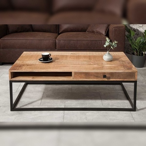 VANDANA INTERNATIONAL <b>Square</b> Modern <b>Coffee</b> <b>Table</b> with Storage Drawer 100cm Mango Wood Top <b>Black</b> Wood Frame for Living Room - Product Image 1
