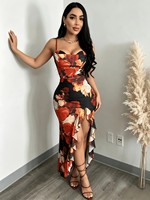 Robe longue moulante vintage pour femme à fines bretelles, imprimé floral numérique, volants, fente, sans manches, lavable