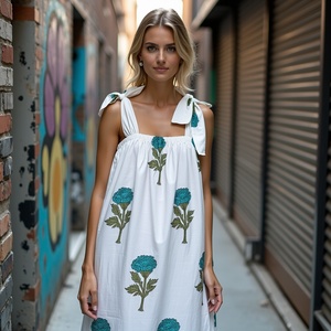 Robe Maxi à Fleurs avec Imprimé Tropical Bleu Vert Doux Flux Noeud Épaule Casual Coton Silhouette Jour à Soirée Porter - Product Image 4