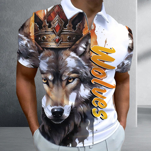 Polo Personalizado con Estampado de Lobo en 3D por Sublimación |   Camiseta gráfica de manga corta con cierre de cremallera para hombre |   Top transpirable con estampado animal en blanco y dorado - Product Image 6