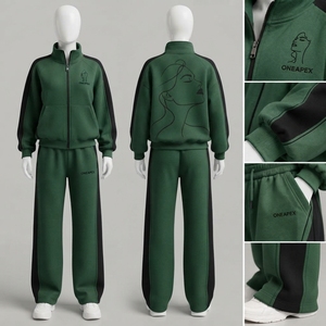 <b>Women's</b> Dark Green <b>White</b> Zip Hoodie Tracksuit Set Color Block Panel Design Oversized <b>Jogger</b> Pants Streetwear - Product Image 2