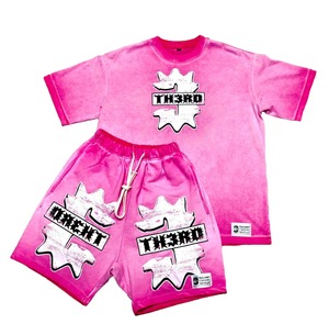 Conjunto de Verano Transpirable al por Mayor: Camiseta y Pantalones Cortos de Algodón Estampado para Hombre, Atuendo Casual de Verano Rosa Estilo Urbano - Product Image 1