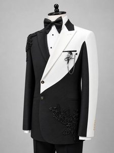 Blazer de smoking noir et bordeaux pour homme avec broderie florale perlée à la main – Veste de costume de luxe pour mariage et soirée - Product Image 2