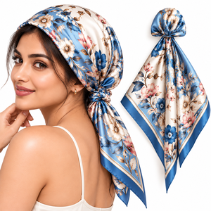 Foulard carré multifonction en satin vintage pour femme, imprimé floral vert et bleu, accessoire pour cheveux, usage quotidien décontracté - Product Image 4