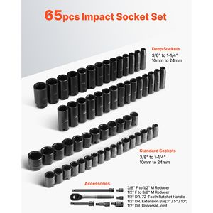 Set di Bussole a Impatto Profonde e Standard 65 Pezzi da 3/8'' SAE a 1 1/4'' Metrico e 1/2'' CR-V Cr-Mo, 6 Punte Misure 19mm e 18mm - Product Image 3