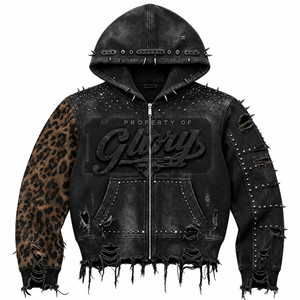 Veste à capuche en jean noir vieilli personnalisée avec manches imprimées léopard, clous et liseré à franges déchirées - Product Image 2