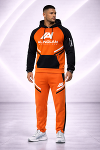 Ensemble de survêtement orange et noir pour homme – Ensemble sweat à capuche et jogging avec logo personnalisé |   Vêtements de sport slim fit streetwear - Product Image 2