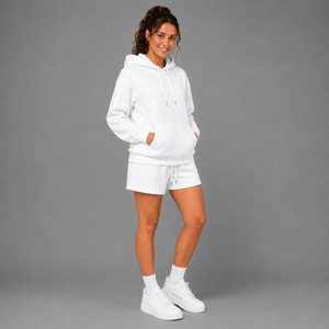 Women's White Hooded Sweatshirt Shorts <b>Set</b> Cotton Fleece Casual Loose Fit Drawstring Pocket Spring Summer Wear - Product Image 3