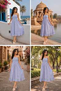 Women Bohemian Yellow Striped Strapless Summer Sundress Shoulder Smocked Midi Casual Beach <b>Ruffle</b> Holiday 100% Cotton A-Line - Product Image 5