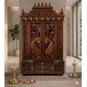 Peacock Design Door Carving Wooden Pooja Mandir Hand Carved Wooden Mandir With Peacock Carving Home Shrine With Storage Sydney - Product Image 1