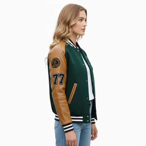 Chaqueta Varsity Verde para Hombre, Nueva, con Mangas de Cuero PU, Logotipo S Bordado y Número 77, Estilo Preppy, para Otoño, Chaqueta de Béisbol - Product Image 5