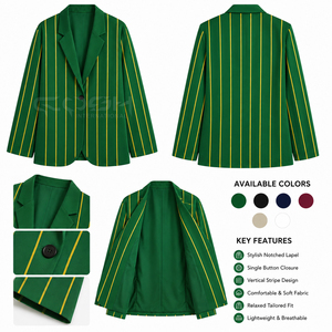 Blazer vert rayé à manches longues, col cranté, bouton unique, en tissu tissé anti-rides, de la sororité Cosh International. - Product Image 6