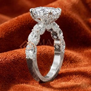 Anillo de compromiso de diamante de corte ovalado con banda de diamantes de engaste compartido – Anillo de joyería nupcial de plata de ley 925 - Product Image 4