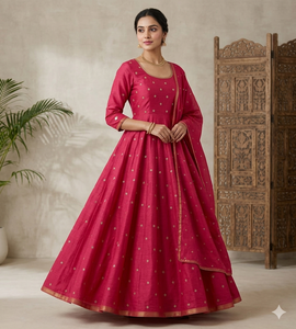 Chanderi Simer EmbroideryWork FabricExquisite RaniPink Vichitra SimmerSilk <b>Fabric</b> FeaturingIntricate Golden Zari Embroidery Work - Product Image 1