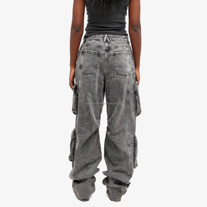 Custom Logo <b>Baggy</b> Loose <b>Cargo</b> Jeans for <b>Women</b> 100% Cotton Distressed Washed Denim <b>Pants</b> with Multi Pockets Plus Size - Product Image 5