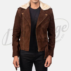 Blouson de motard en cuir suédé marron pour homme, col en fourrure chaud pour l'hiver, coupe ajustée, veste de moto décontractée et tendance - Product Image 6