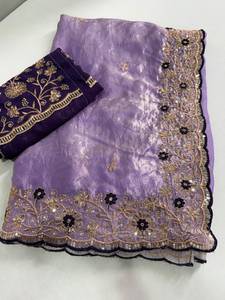 Designer Beautiful Sequence Embroidery Work Space <b>Satin</b> <b>Saree</b> With Worked Contrast Unstitched Blouse Piece - Product Image 5