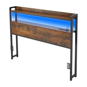 Cabecera de Cama Matrimonial con Luces LED, 2 Estantes de Almacenamiento, 3 Tomas de Corriente y 3 Puertos USB, Estructura Resistente de Acero al Carbono - Product Image 1