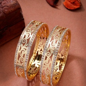 Traditional Ethnic Floral Cutwork Gold Plated Alloy Wide <b>Bangles</b> Set with Carved Pattern for Women's Wedding & Festival Wear - Product Image 1