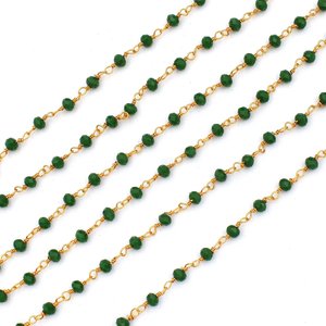 Chaîne de chapelet en perles d'émeraude hydrofuges, perles rondes facettées de 3 mm, fil plaqué or, chaîne en vrac pour la fabrication de bijoux - Product Image 3