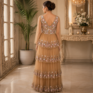 Luxury Beige Floral Embroidered Maxi Dress Women V Neck Long Sleeve Tiered Tulle Gown Beaded Wedding Party Formal Bridal Evening - Product Image 4
