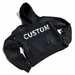 Sweat-shirt à capuche surdimensionné pour homme, avec logo personnalisé imprimé à l'écran et strass sur toute la surface, 100% coton molletonné. - Product Image 6