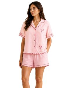 Ensemble de pyjama rose personnalisé pour femme, manches courtes, boutonné, avec joli nœud, doux, respirant, pour l'été, tenue de nuit et de détente - Product Image 1