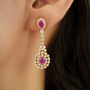 Latest Design Women's Trendy Wedding Gift Real K14 Yellow <b>Gold</b> Ruby & Diamond <b>Dangle</b> <b>Earrings</b> Precious Gemstone Jewelry Supplier - Product Image 2